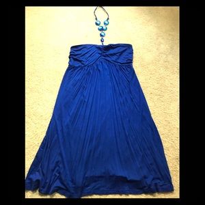 Blue kneelength halter dress w/ jewels on neckline